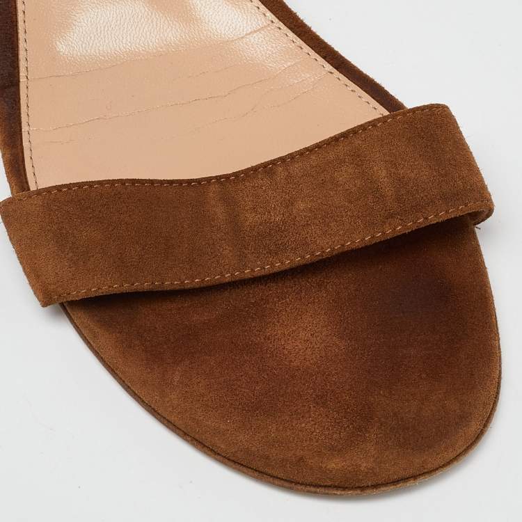 Pre Owned Gianvito Rossi Brown Suede Versilia Ankle Strap Flat Sandals Size 39.5