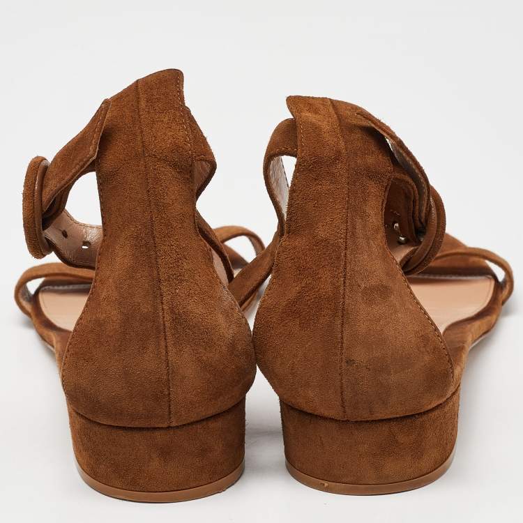Pre Owned Gianvito Rossi Brown Suede Versilia Ankle Strap Flat Sandals Size 39.5