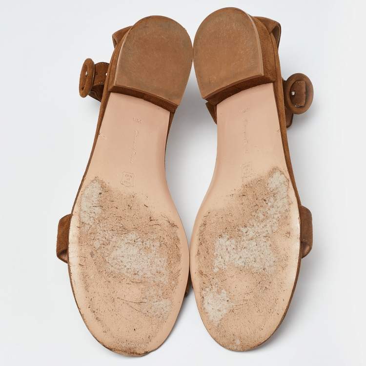 Pre Owned Gianvito Rossi Brown Suede Versilia Ankle Strap Flat Sandals Size 39.5