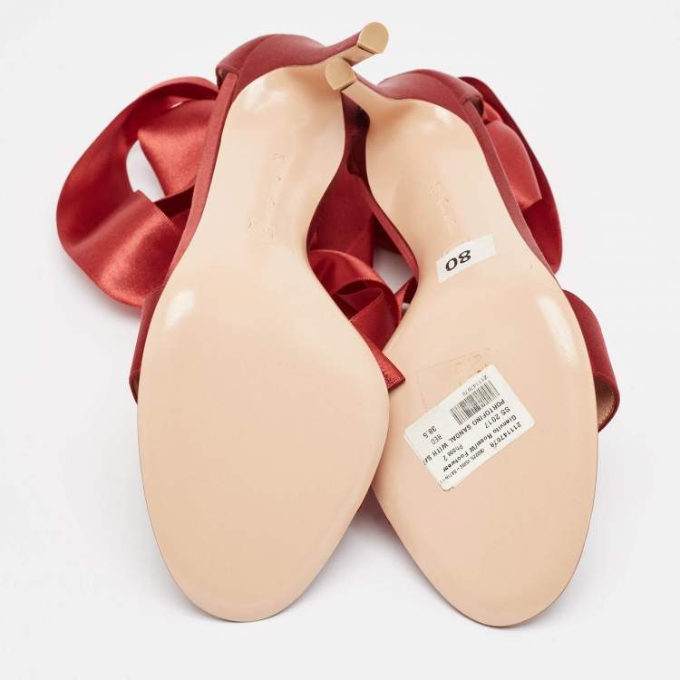 Pre Owned Gianvito Rossi Red Satin Gala Ankle Wrap Sandals Size 38.5