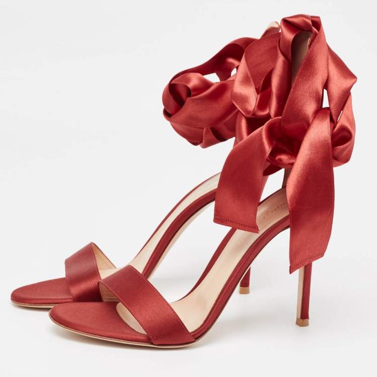 Pre Owned Gianvito Rossi Red Satin Gala Ankle Wrap Sandals Size 38.5