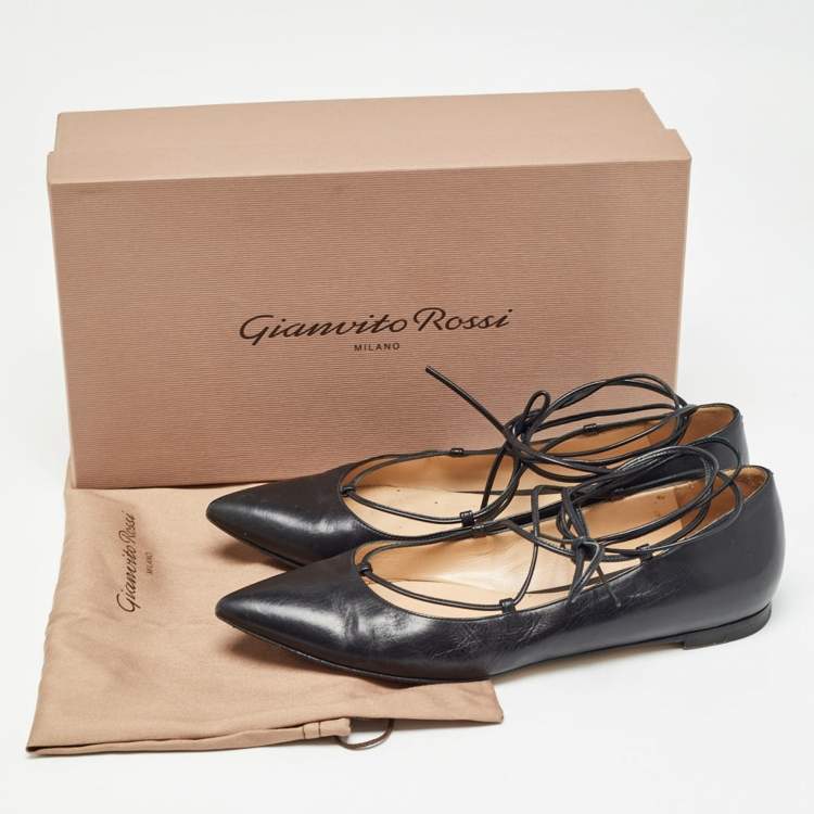 Pre Owned Gianvito Rossi Black Leather Femi Ankle Tie Flats Size 37