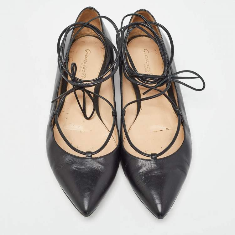 Pre Owned Gianvito Rossi Black Leather Femi Ankle Tie Flats Size 37