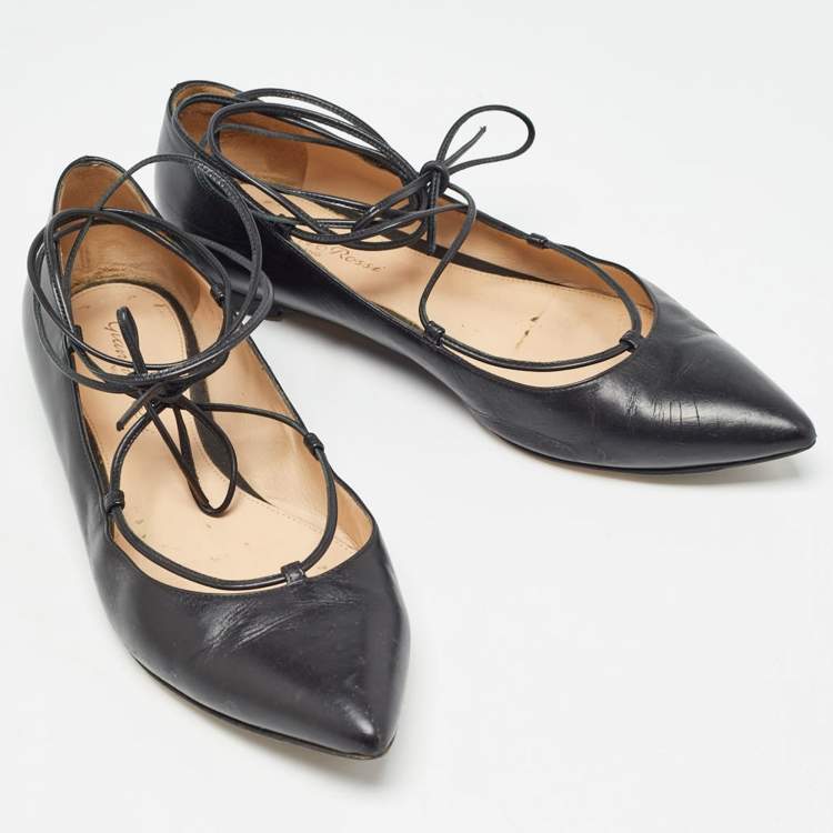 Pre Owned Gianvito Rossi Black Leather Femi Ankle Tie Flats Size 37