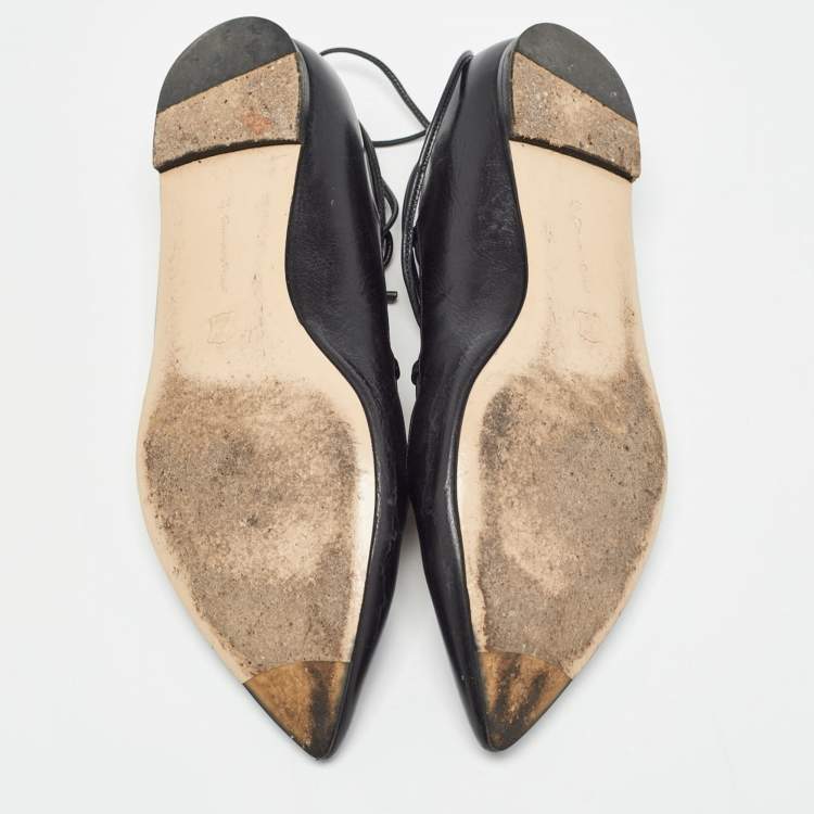 Pre Owned Gianvito Rossi Black Leather Femi Ankle Tie Flats Size 37