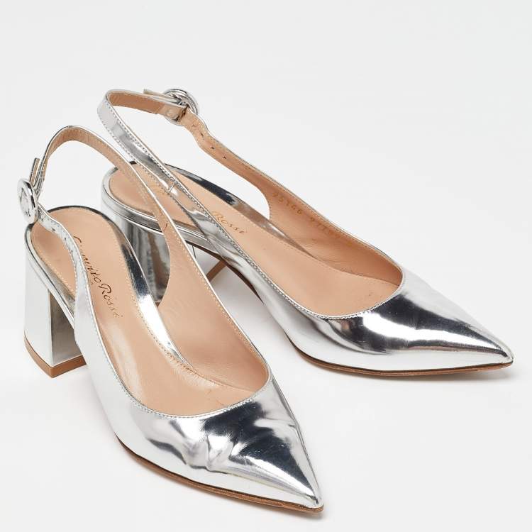Pre Owned Gianvito Rossi Silver Patent Leather Slingback Pumps Size 34