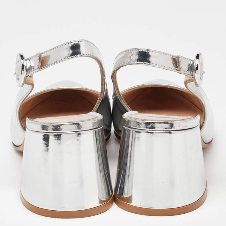 Pre Owned Gianvito Rossi Silver Patent Leather Slingback Pumps Size 34