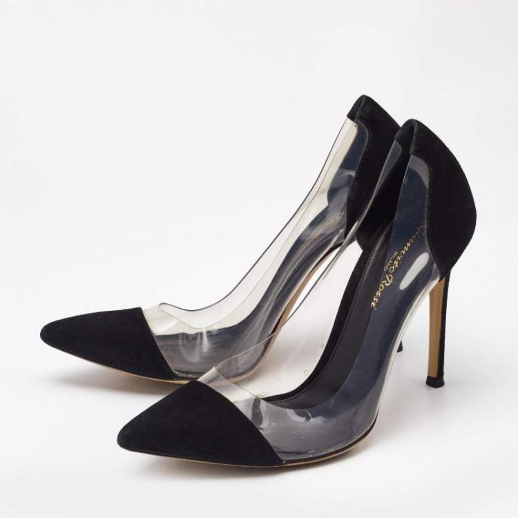 Pre Owned Gianvito Rossi Black Suede and PVC Plexi Pumps Size 38.5