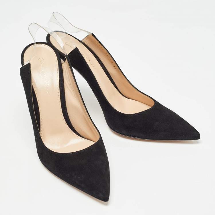 Pre Owned Gianvito Rossi Black Suede and PVC Slingback Pumps Size 39