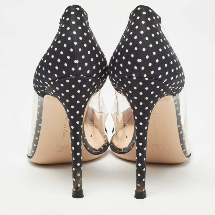 Pre Owned Gianvito Rossi Black/White Polka Fabric and PVC Plexi Pumps Size 37.5