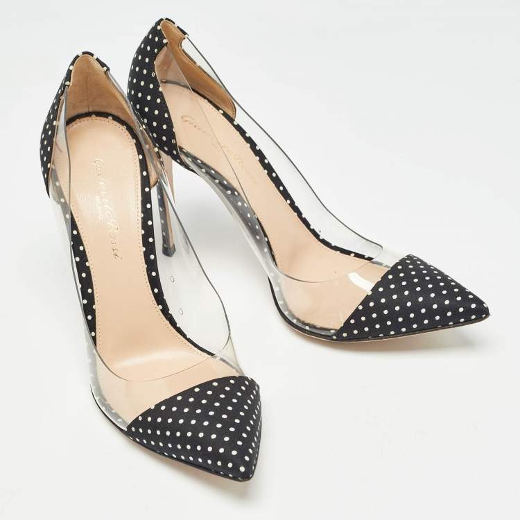 Pre Owned Gianvito Rossi Black/White Polka Fabric and PVC Plexi Pumps Size 37.5