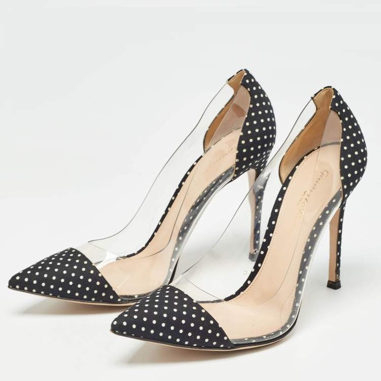 Pre Owned Gianvito Rossi Black/White Polka Fabric and PVC Plexi Pumps Size 37.5