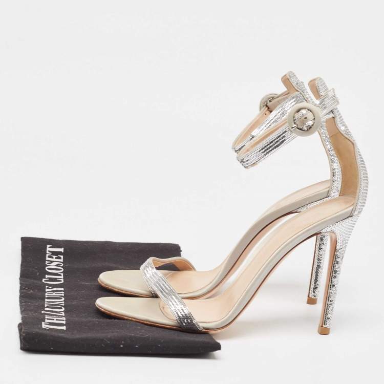 Pre Owned Gianvito Rossi Silver Sequins  and Satin  Montecarlo Ankle Strap Sandals Size  37.5