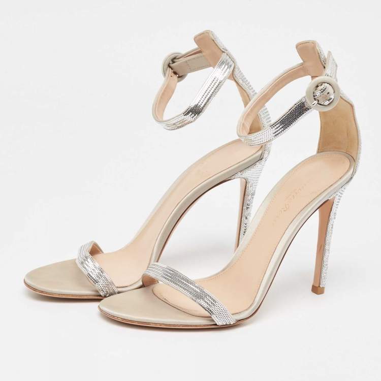 Pre Owned Gianvito Rossi Silver Sequins  and Satin  Montecarlo Ankle Strap Sandals Size  37.5
