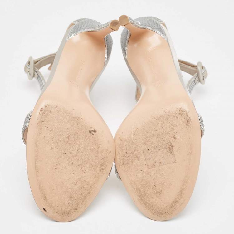 Pre Owned Gianvito Rossi Silver Sequins  and Satin  Montecarlo Ankle Strap Sandals Size  37.5