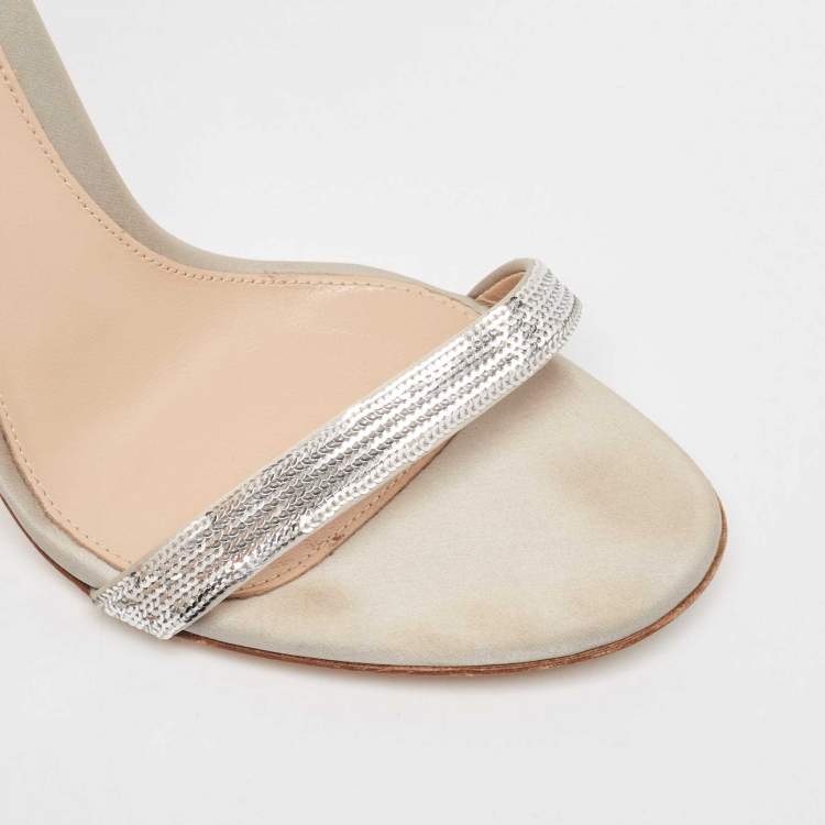 Pre Owned Gianvito Rossi Silver Sequins  and Satin  Montecarlo Ankle Strap Sandals Size  37.5