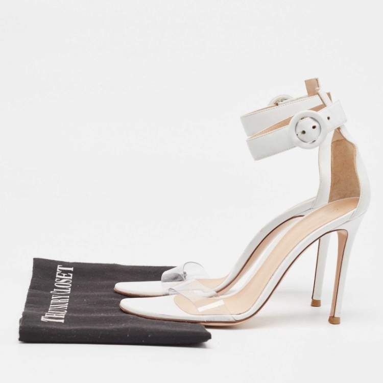 Pre Owned Gianvito Rossi White/Transparent Leather and PVC Open Toe Ankle Strap Sandals Size 37.5 