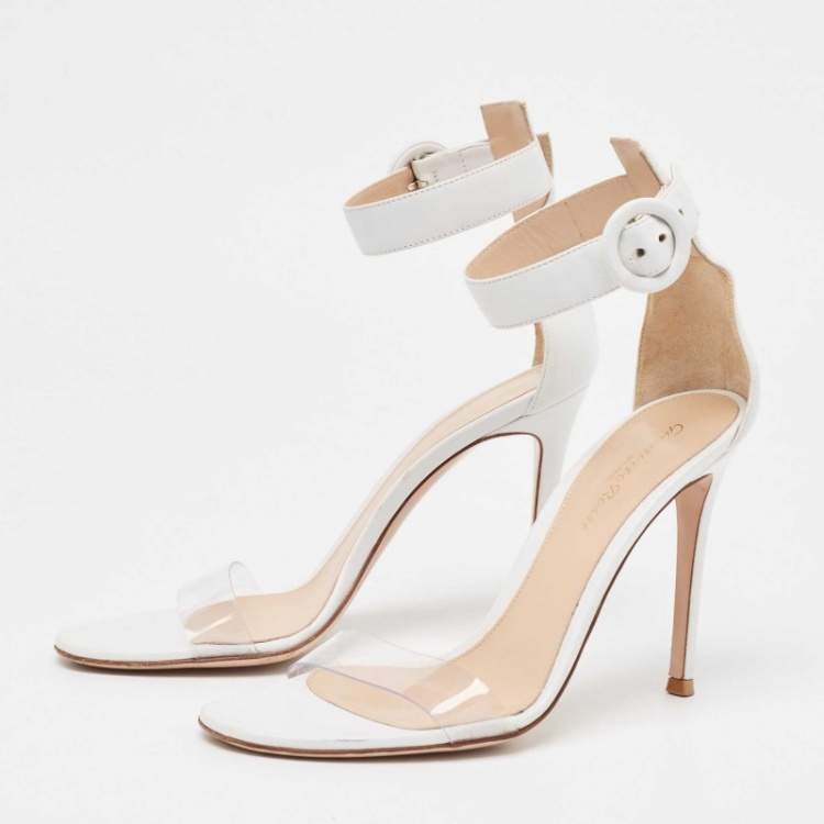 Pre Owned Gianvito Rossi White/Transparent Leather and PVC Open Toe Ankle Strap Sandals Size 37.5 