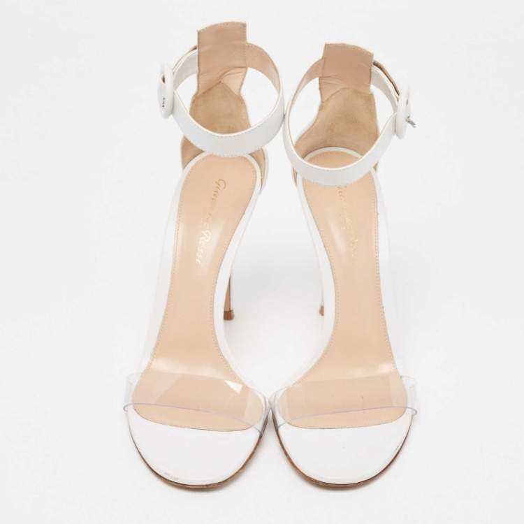 Pre Owned Gianvito Rossi White/Transparent Leather and PVC Open Toe Ankle Strap Sandals Size 37.5 