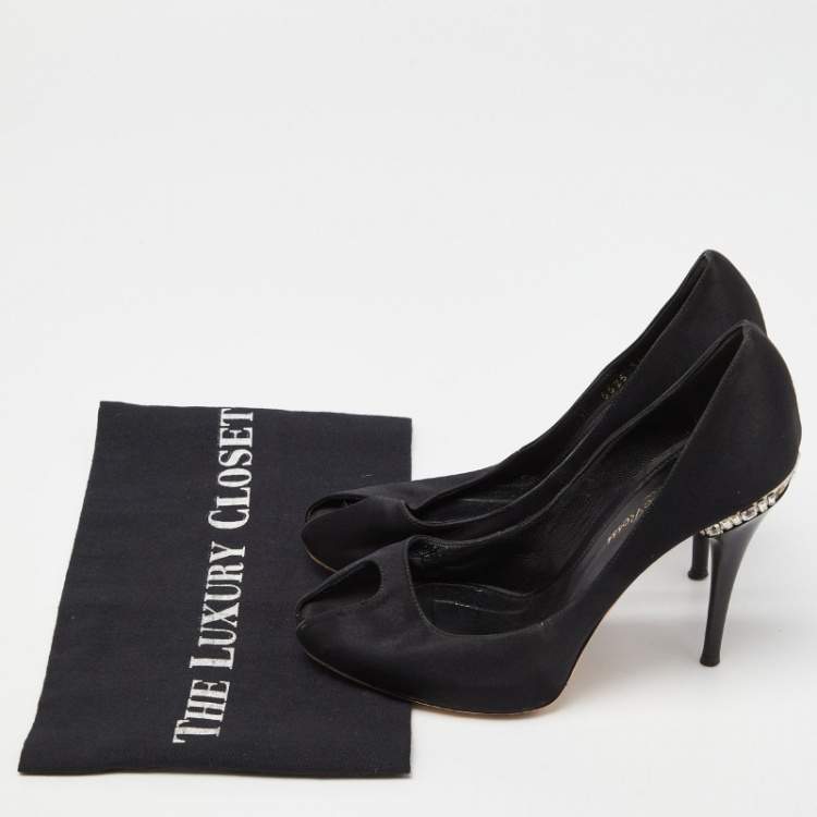 Pre Owned Gianvito Rossi Black Satin Crystal Embellished Peep Toe Pumps Size 36