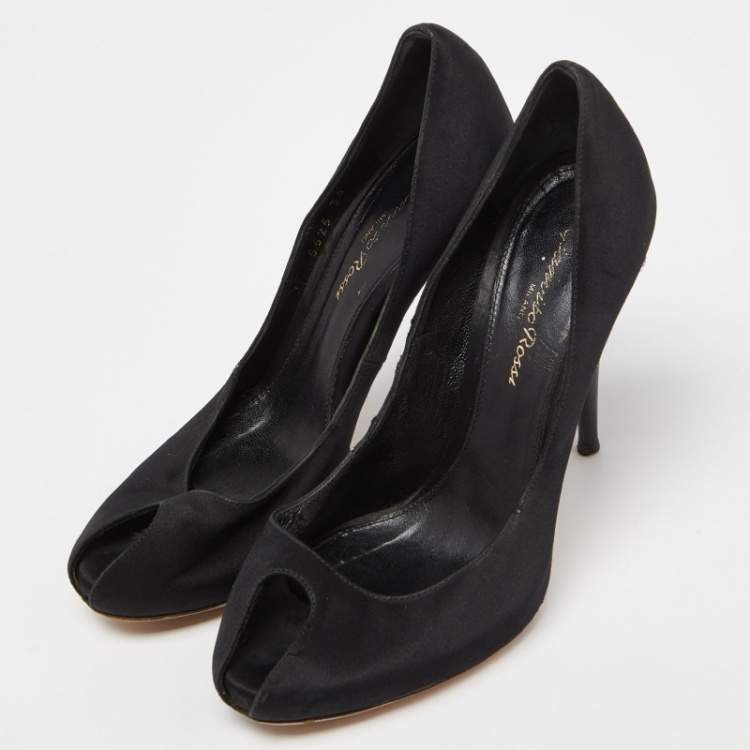 Pre Owned Gianvito Rossi Black Satin Crystal Embellished Peep Toe Pumps Size 36