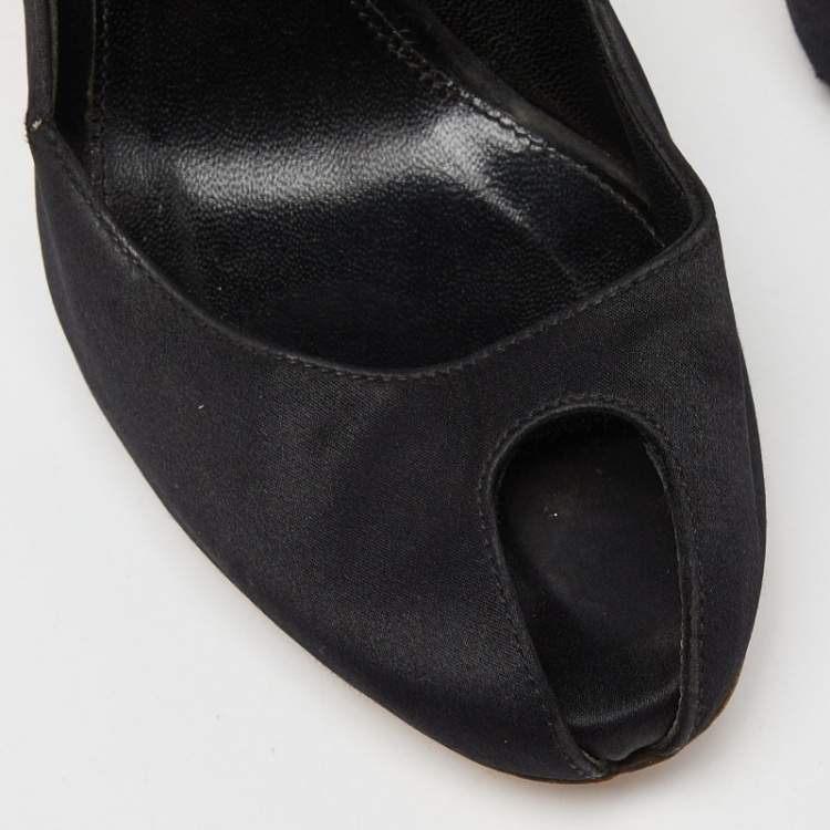 Pre Owned Gianvito Rossi Black Satin Crystal Embellished Peep Toe Pumps Size 36
