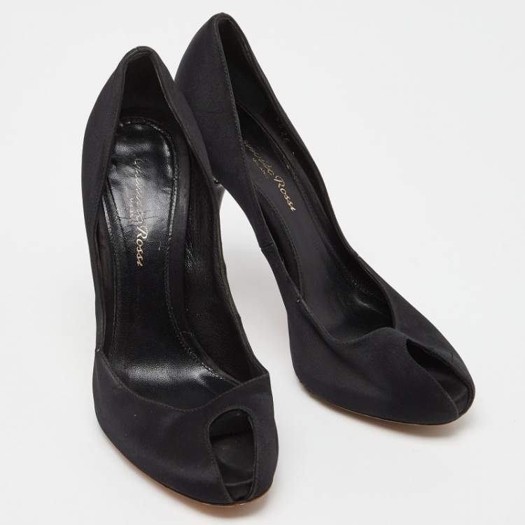 Pre Owned Gianvito Rossi Black Satin Crystal Embellished Peep Toe Pumps Size 36