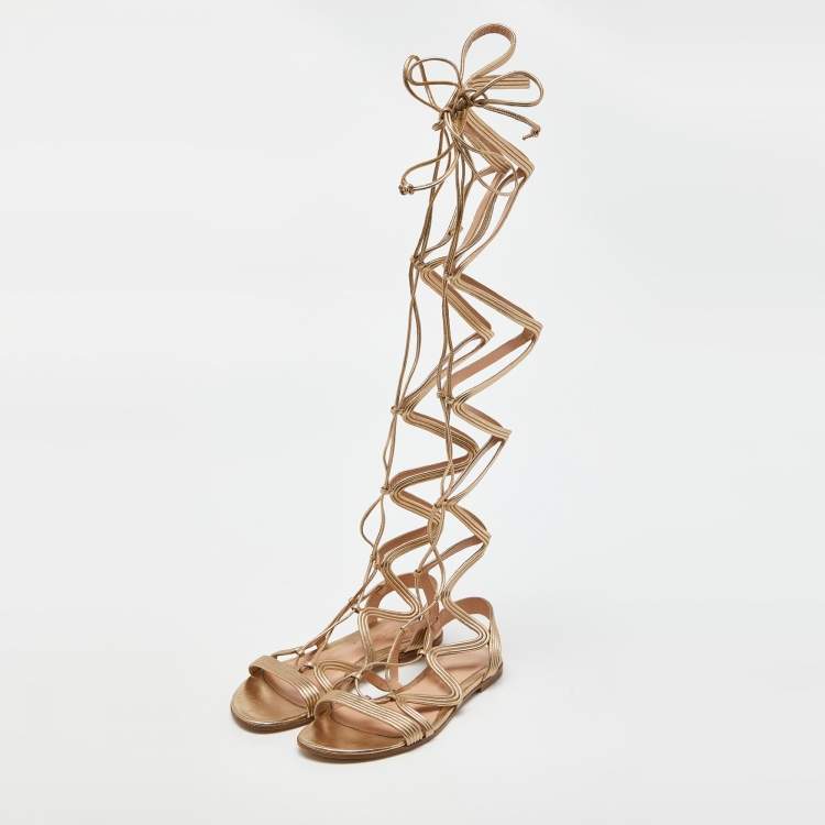 Pre Owned Gianvito Rossi Gold Foil Leather Gladiator Flat Sandals Size 36