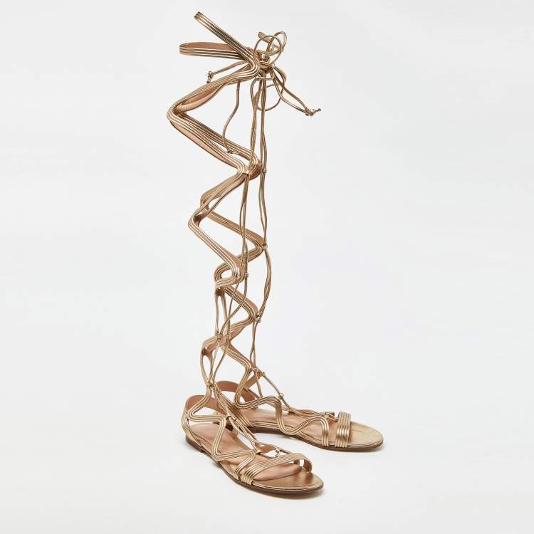 Pre Owned Gianvito Rossi Gold Foil Leather Gladiator Flat Sandals Size 36