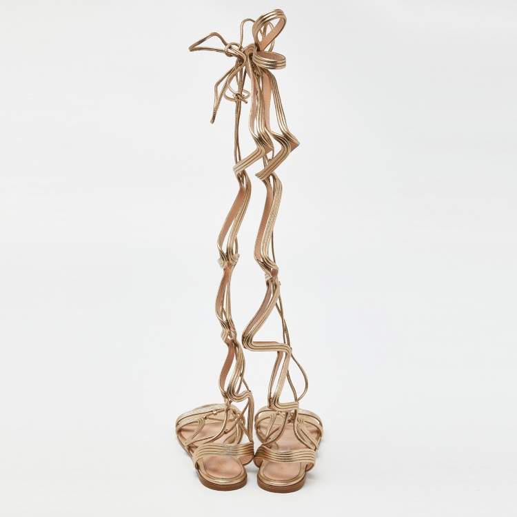 Pre Owned Gianvito Rossi Gold Foil Leather Gladiator Flat Sandals Size 36