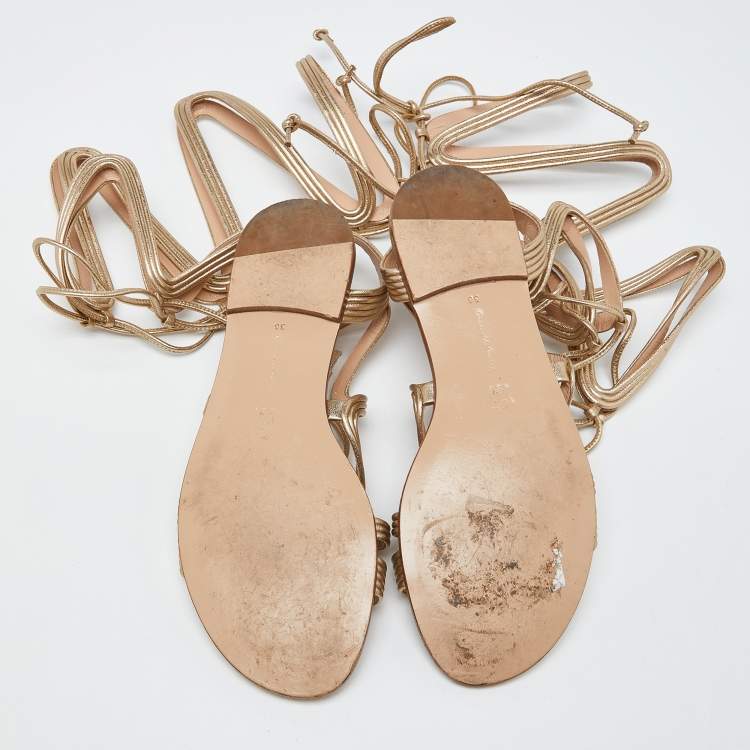 Pre Owned Gianvito Rossi Gold Foil Leather Gladiator Flat Sandals Size 36