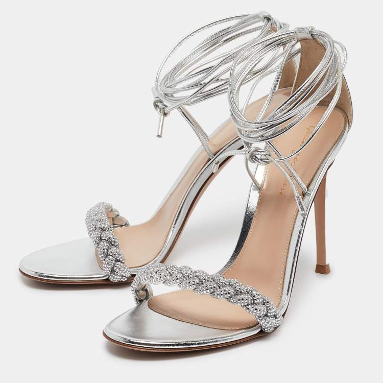 Pre Owned Gianvito Rossi Silver  Leather Lace Up Sandals Size 39