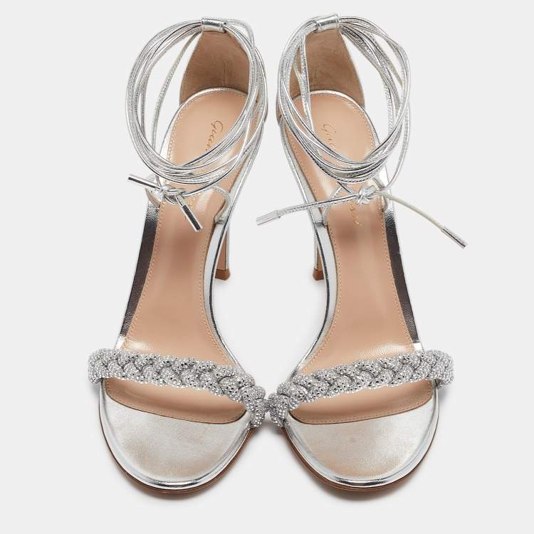 Pre Owned Gianvito Rossi Silver  Leather Lace Up Sandals Size 39