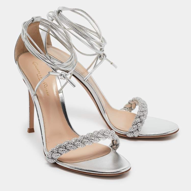 Pre Owned Gianvito Rossi Silver  Leather Lace Up Sandals Size 39