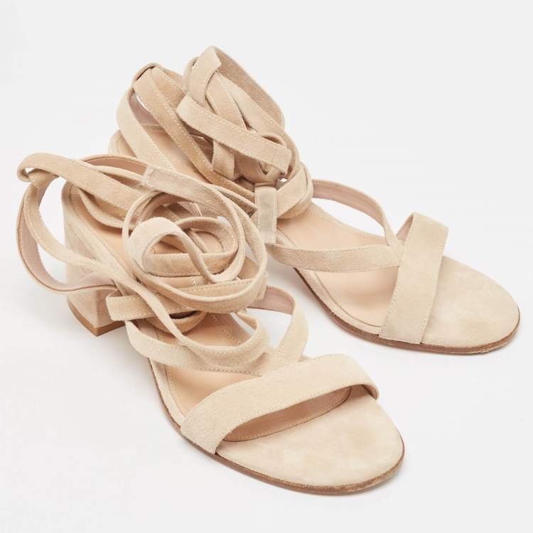 Pre Owned Gianvito Rossi Beige Suede Janis Ankle Wrap Sandals Size 37.5