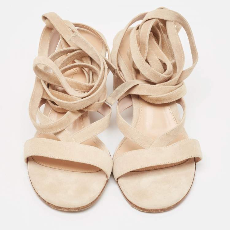 Pre Owned Gianvito Rossi Beige Suede Janis Ankle Wrap Sandals Size 37.5