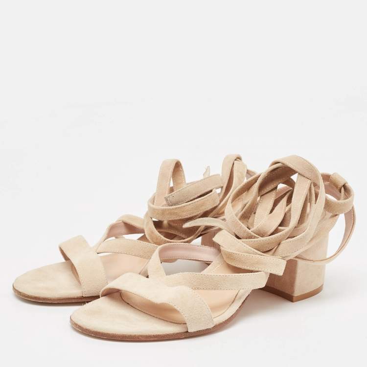 Pre Owned Gianvito Rossi Beige Suede Janis Ankle Wrap Sandals Size 37.5
