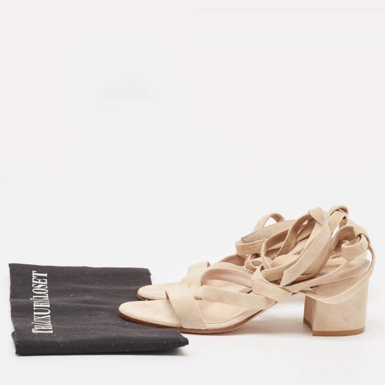 Pre Owned Gianvito Rossi Beige Suede Janis Ankle Wrap Sandals Size 37.5