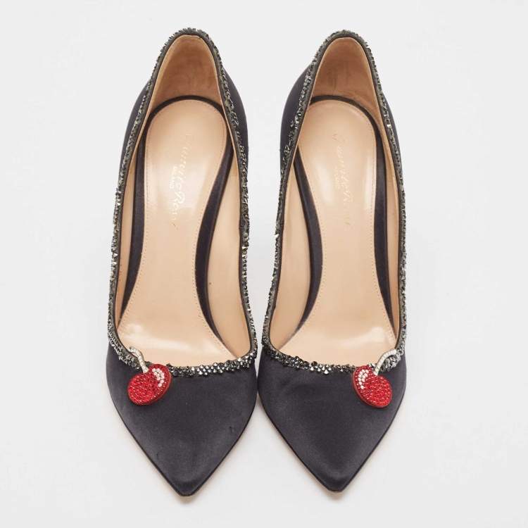 Pre Owned Gianvito Rossi Black Satin Crystal Embellished Pointed Toe Pumps Size 39