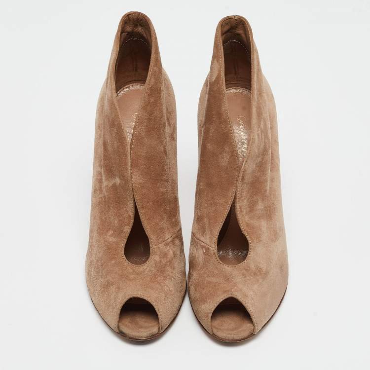 Pre Owned Gianvito Rossi Brown Suede Vamp Peep Toe Booties Size 35.5