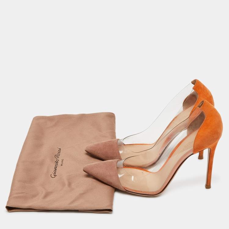 Pre Owned Gianvito Rossi Orange/Beige Suede and PVC Plexi Pumps Size 38