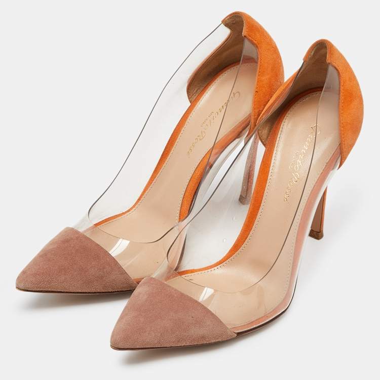 Pre Owned Gianvito Rossi Orange/Beige Suede and PVC Plexi Pumps Size 38