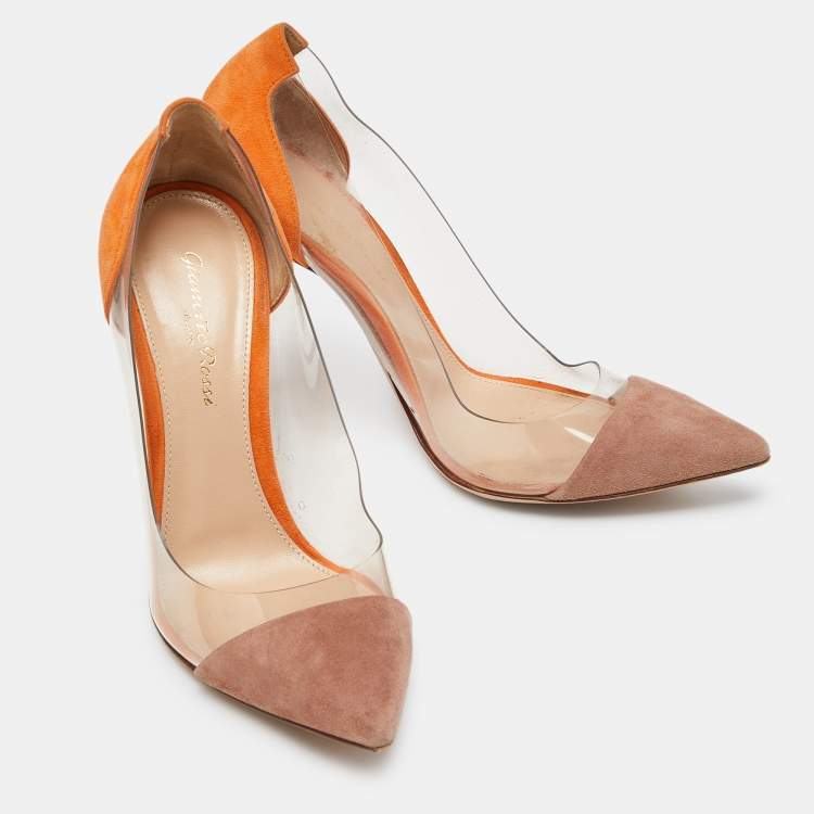 Pre Owned Gianvito Rossi Orange/Beige Suede and PVC Plexi Pumps Size 38