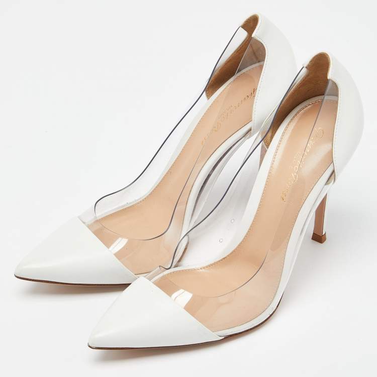 Pre Owned Gianvito Rossi White Leather and PVC Plexi Pointed Toe Pumps Size 38