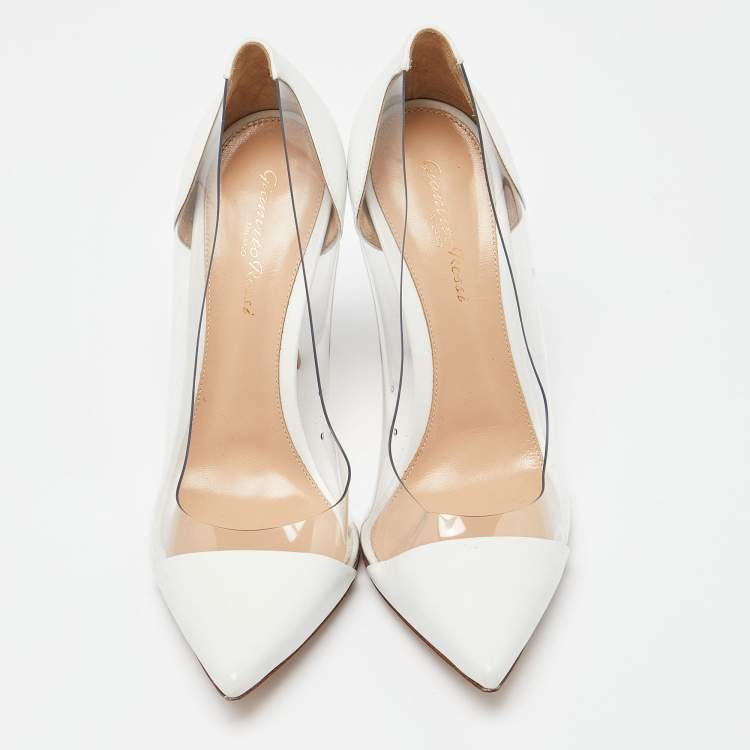 Pre Owned Gianvito Rossi White Leather and PVC Plexi Pointed Toe Pumps Size 38