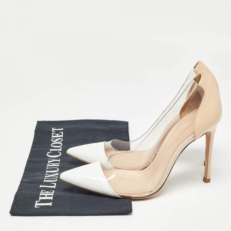 Pre Owned Gianvito Rossi Beige/White Leather and PVC Plexi Pointed Toe Pumps Size 36