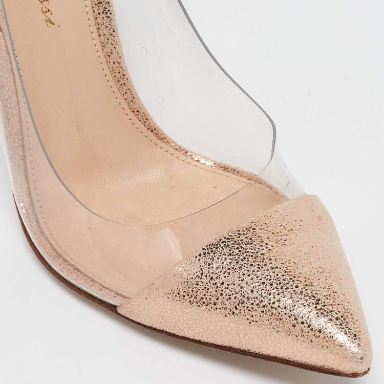 Pre Owned Gianvito Rossi Metallic Textured Leather and PVC Plexi Pointed Toe Pumps 35.5