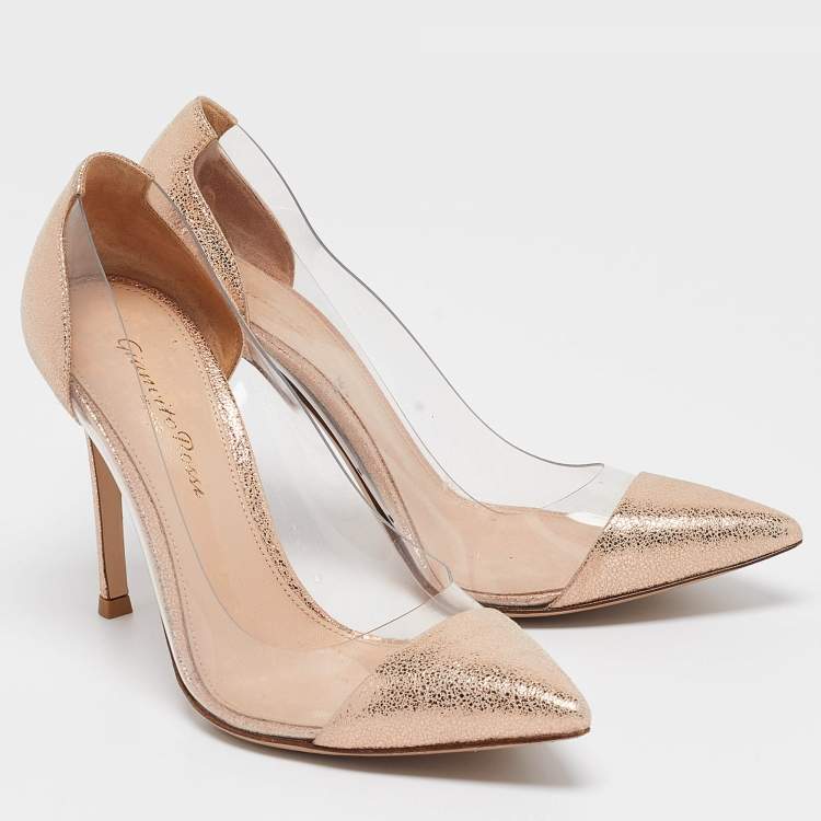 Pre Owned Gianvito Rossi Metallic Textured Leather and PVC Plexi Pointed Toe Pumps 35.5