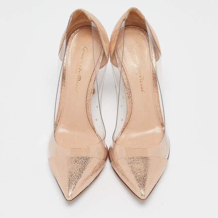 Pre Owned Gianvito Rossi Metallic Textured Leather and PVC Plexi Pointed Toe Pumps 35.5