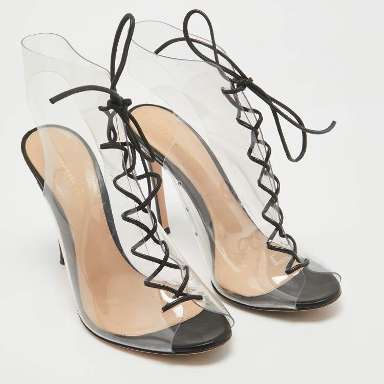 Pre Owned Gianvito Rossi Black Leather and PVC Helmut Lace Up Booties Size 39.5